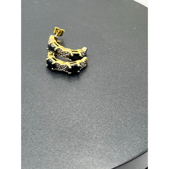 JJT 925 Sterling Vermeil Vintage Blue Topaz Diamond Half Hoop J Post Earrings - Picture 10 of 11